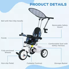 HOMCOM 6 in 1 Tricycle for Kids with 5-point harness straps, Removable Canopy, Blue - 7