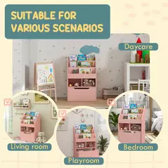 HOMCOM Kids Bookshelf, Toy Organiser, with Storage Drawer, Wheels - Pink - 7