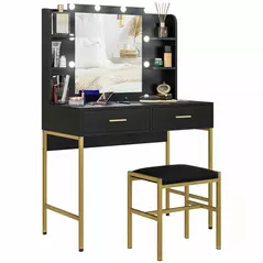 HOMCOM Dressing Table Set, with Storage and Stool - Black - 1