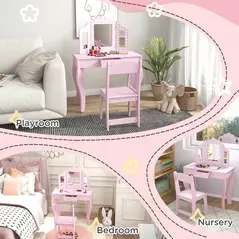 AIYAPLAY Kids Dressing Table Sets with Stool and Tri-Fold Mirror, Drawer for Playroom, Bedroom - Pink - 7