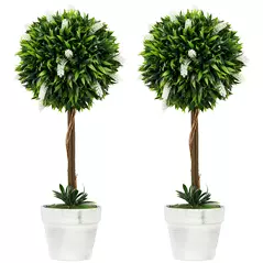 HOMCOM Set of 2 Decorative Artificial Plants Ball Trees with Flower for Home Indoor Outdoor Decor, 60cm ,White - 1