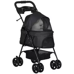 PawHut Dog Pram Dog Stroller Foldable Pet Pushchair with 4 Wheels, Safety Leashes, Cup Holder for Small Dogs, Black - 1