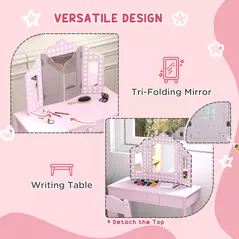 AIYAPLAY Kids Dressing Table Sets with Stool and Tri-Fold Mirror, Drawer for Playroom, Bedroom - Pink - 5