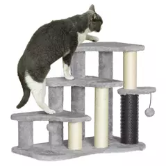 PawHut 2-in-1 Cat Tree, Pet Stairs w/ Scratching Post, Toy Balls, for Bed, Sofa, Couch, Light Grey - 1