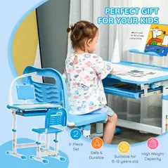HOMCOM Kids Study Desk and Chair Set w/ Adjustable Height, Storage, Drawer, Blue - 6