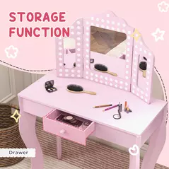 AIYAPLAY Kids Dressing Table Sets with Stool and Tri-Fold Mirror, Drawer for Playroom, Bedroom - Pink - 6