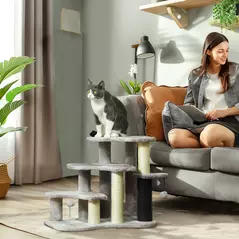 PawHut 2-in-1 Cat Tree, Pet Stairs w/ Scratching Post, Toy Balls, for Bed, Sofa, Couch, Light Grey - 2