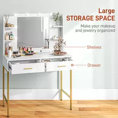 HOMCOM Dressing Table with Lighted Mirror, Cushioned Stool, Drawers, Shelves, LED Makeup Vanity Desk Set, Modern Dresser Vanity Table for Bedroom, White - 5