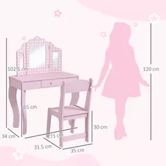 AIYAPLAY Kids Dressing Table Sets with Stool and Tri-Fold Mirror, Drawer for Playroom, Bedroom - Pink - 3