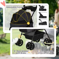 PawHut Dog Pram Dog Stroller Foldable Pet Pushchair with 4 Wheels, Safety Leashes, Cup Holder for Small Dogs, Black - 6
