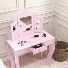 AIYAPLAY Kids Dressing Table Sets with Stool and Tri-Fold Mirror, Drawer for Playroom, Bedroom - Pink - 8