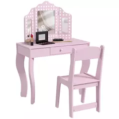 AIYAPLAY Kids Dressing Table Sets with Stool and Tri-Fold Mirror, Drawer for Playroom, Bedroom - Pink - 1