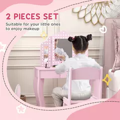 AIYAPLAY Kids Dressing Table Sets with Stool and Tri-Fold Mirror, Drawer for Playroom, Bedroom - Pink - 4