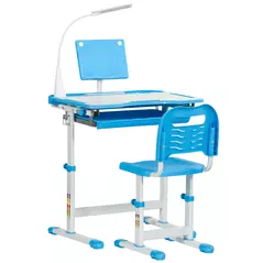HOMCOM Kids Study Desk and Chair Set w/ Adjustable Height, Storage, Drawer, Blue - 1