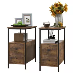HOMCOM Set of 2 Side Table, Narrow Bedside Table with 2 Drawers and Storage Shelf, Industrial End Table with Metal Frame for Small Spaces, Rustic Brown - 1