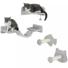 PawHut 4-Piece Cat Wall Shelves with Steps, Ladder, Jumping Platforms, Light Grey - 1