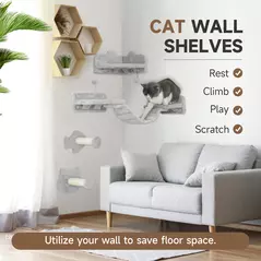 PawHut 4-Piece Cat Wall Shelves with Steps, Ladder, Jumping Platforms, Light Grey - 4