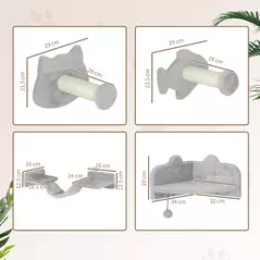 PawHut 4-Piece Cat Wall Shelves with Steps, Ladder, Jumping Platforms, Light Grey - 3