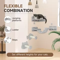 PawHut 4-Piece Cat Wall Shelves with Steps, Ladder, Jumping Platforms, Light Grey - 5