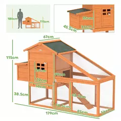 PawHut Wooden Chicken Coop with Run, Nesting Box, Slide-out Tray, Ramp, Perches, Asphalt Roof, 179 x 67 x 115cm - 3