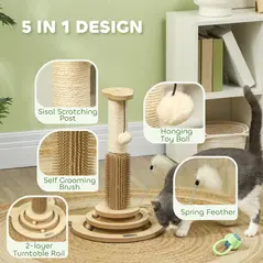 PawHut 49cm 5 in 1 Cat Scratching Post with Sisal Post, Track Ball, Self Grooming Brush, Hanging Toy Ball, Feather, Oak Tone - 4