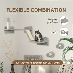 PawHut 3-Piece Cat Wall Furniture with Scratching Posts, Scratching Pads, Perches, Cat Wands, Toy Balls, Light Grey - 5