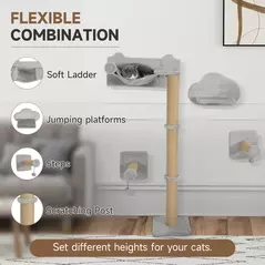 PawHut 4-Piece Cat Shelves w/ Scratching Post, Steps, Jumping Platform, Ladder, Toy Balls, for Indoor Cats, Light Grey - 5