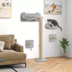 PawHut 4-Piece Cat Shelves w/ Scratching Post, Steps, Jumping Platform, Ladder, Toy Balls, for Indoor Cats, Light Grey - 2