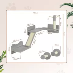 PawHut 3-Piece Cat Wall Furniture with Scratching Posts, Scratching Pads, Perches, Cat Wands, Toy Balls, Light Grey - 3