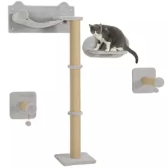 PawHut 4-Piece Cat Shelves w/ Scratching Post, Steps, Jumping Platform, Ladder, Toy Balls, for Indoor Cats, Light Grey - 1