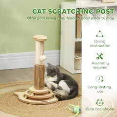 PawHut 49cm 5 in 1 Cat Scratching Post with Sisal Post, Track Ball, Self Grooming Brush, Hanging Toy Ball, Feather, Oak Tone - 5