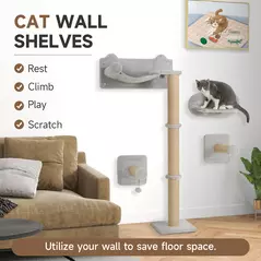 PawHut 4-Piece Cat Shelves w/ Scratching Post, Steps, Jumping Platform, Ladder, Toy Balls, for Indoor Cats, Light Grey - 4