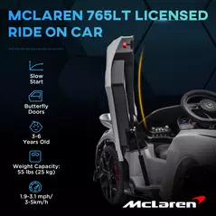 AIYAPLAY McLaren 765LT Licensed 12V Kids Electric Ride on Car with Butterfly Doors, Remote Control, Transport Wheels, Grey - 4
