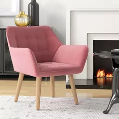 HOMCOM Accent Chair, Arm Chair with Wide Arms, Slanted Back, Thick Padding and Rubber Wooden Legs for Living Room, Pink - 2
