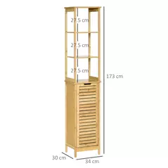 kleankin Tall Bathroom Cabinet, Slim Storage Cabinet, Tallboy Bamboo Storage Unit with 3-Tier Storage Shelves and Freestanding Organiser, Natural - 3