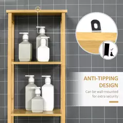 kleankin Tall Bathroom Cabinet, Slim Storage Cabinet, Tallboy Bamboo Storage Unit with 3-Tier Storage Shelves and Freestanding Organiser, Natural - 8