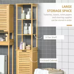 kleankin Tall Bathroom Cabinet, Slim Storage Cabinet, Tallboy Bamboo Storage Unit with 3-Tier Storage Shelves and Freestanding Organiser, Natural - 6