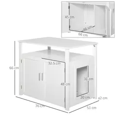 PawHut Wooden Cat Litter Box Enclosure Furniture with Adjustable Interior Wall & Large Tabletop for Nightstand, White - 3