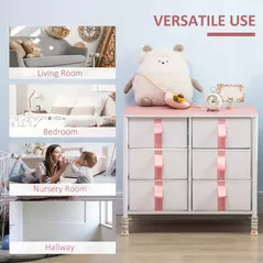 HOMCOM Chest of Drawers, Cloth Organizer Unit with 6 Fabric Drawers, Metal Frame and Wooden Top, Storage Cabinet for Kids Room, Living Room, Closet, Hallway, Pink - 6