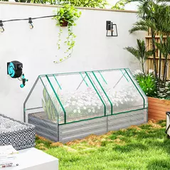 Outsunny Metal Planter Box with Cover, Raised Garden Bed with Greenhouse, for Herbs and Vegetables, White and Dark Grey - 8