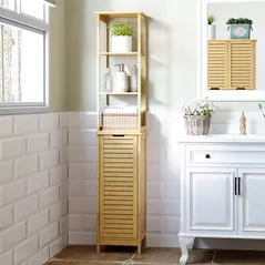 kleankin Tall Bathroom Cabinet, Slim Storage Cabinet, Tallboy Bamboo Storage Unit with 3-Tier Storage Shelves and Freestanding Organiser, Natural - 2