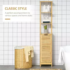 kleankin Tall Bathroom Cabinet, Slim Storage Cabinet, Tallboy Bamboo Storage Unit with 3-Tier Storage Shelves and Freestanding Organiser, Natural - 5