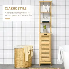 kleankin Tall Bathroom Cabinet, Slim Storage Cabinet, Tallboy Bamboo Storage Unit with 3-Tier Storage Shelves and Freestanding Organiser, Natural - 5