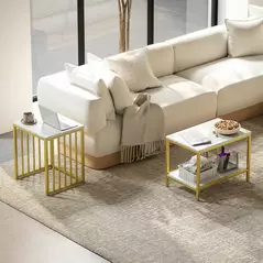 HOMCOM Modern Coffee Table Set of Two, Marble-Effect Nesting Side Tables with Steel Frame for Living Room, Gold Tone - 8