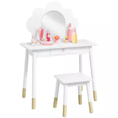 AIYAPLAY Kids Dressing Table with Mirror, Stool, Drawer, Cloud Design, White - 1