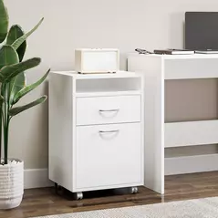 HOMCOM 60cm Filing Cabinet with Drawer, Open Shelf, Metal Handles and 4 Wheels, Office Home Organiser Mobile Printer, White - 2