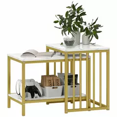 HOMCOM Modern Coffee Table Set of Two, Marble-Effect Nesting Side Tables with Steel Frame for Living Room, Gold Tone - 1