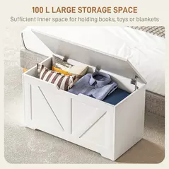 HOMCOM 100L Home Storage Box, with Safety Hinges - White Wood-Effect - 4
