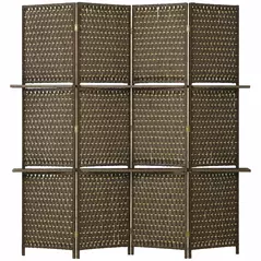 HOMCOM 4-Panel Room Dividers with Shelves, Wave Fibre Freestanding Folding Privacy Screen Panels, Partition Wall Divider for Indoor Bedroom Office, 180 cm, Brown - 1