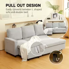 HOMCOM Pull Out Sofa Bed with Storage - Light Grey - 4